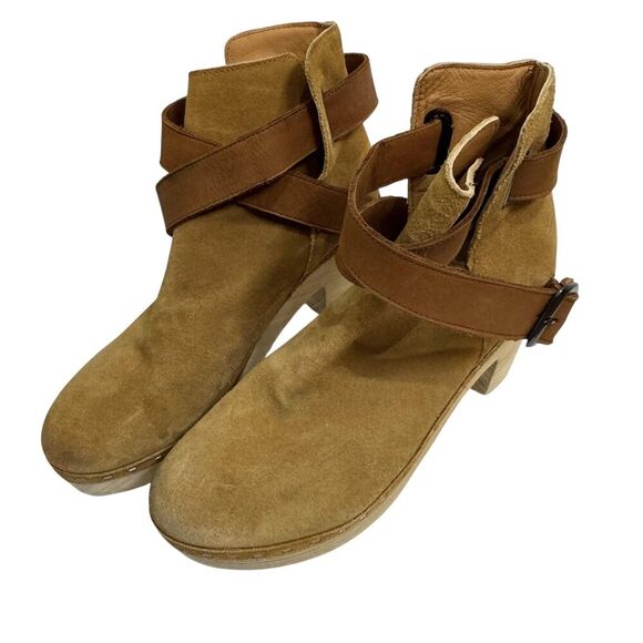 Free People Shoes - Free People Boots Womens Size 38 Tan Suede Clog Ankle Wrap Wooden Heel 500030907